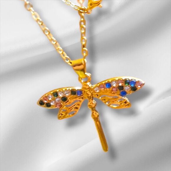Gold Dragonfly Earrings & Necklace Rhinestones Jewelry Set - Picture 5 of 10